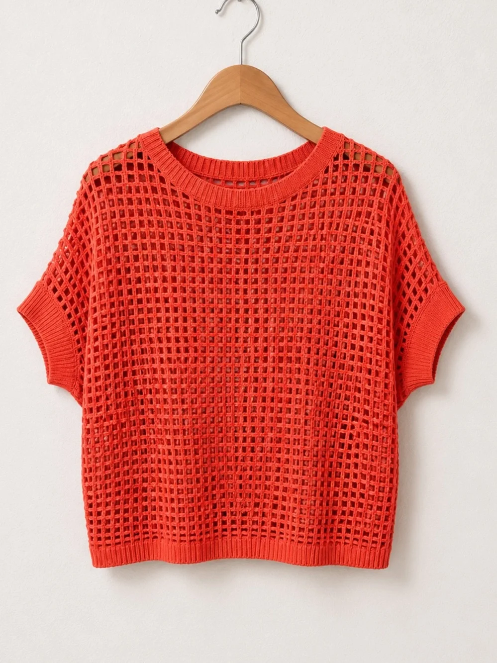 Oversized Orange Open Knit Boxy Short Bat Sleeve Crochet Sweater Coverup Top
